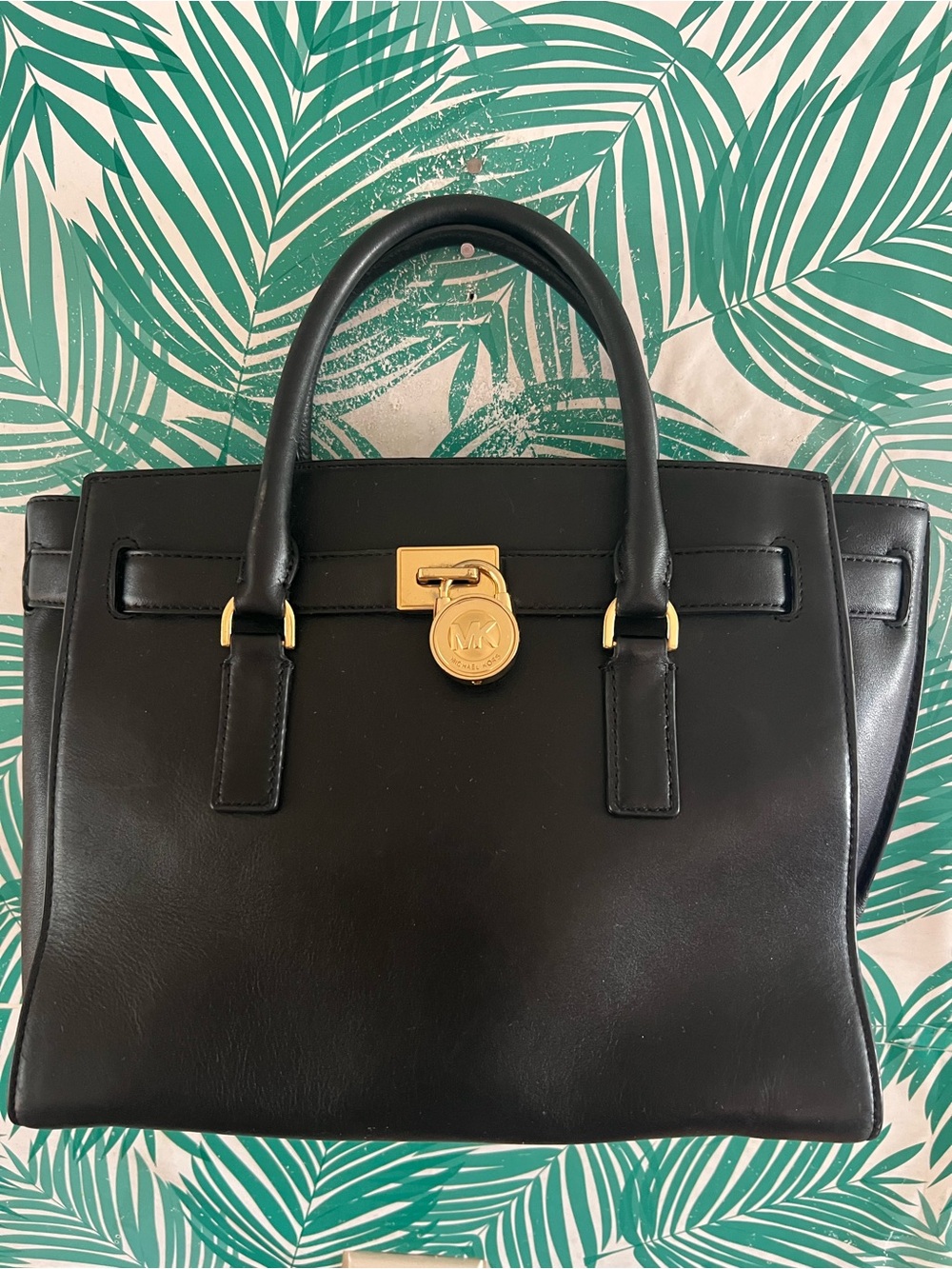 Michael Kors Hamilton Small/ Medium Black Leather Satchel with Gold-tone Lock